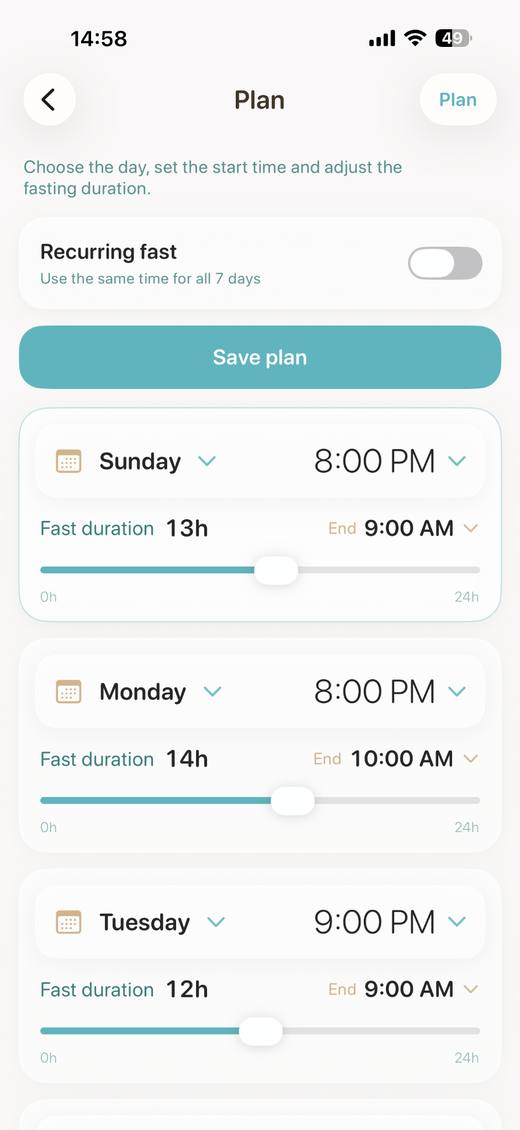 Fasting Planner planning screen